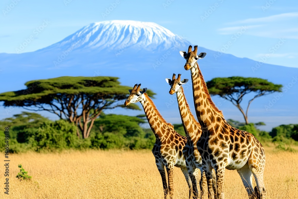 Fototapeta premium Giraffes in Front of Mount Kilimanjaro Landscape