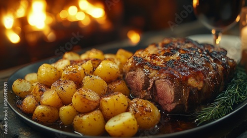 Traditional Icelandic smoked lamb with potatoes and sweet rye bread, served in a cozy, candle-lit, holiday atmosphere photo