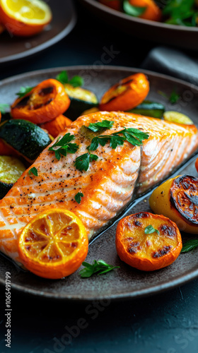 Wallpaper Mural Grilled salmon fillet served with roasted vegetables, including zucchini and citrus. This vibrant dish is garnished with fresh herbs, creating delightful and healthy meal Torontodigital.ca