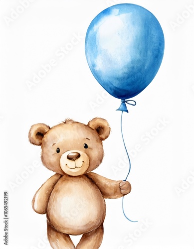 Charming watercolor drawing of an endearing brown teddy bear with a blue balloon, ideal for children's projects