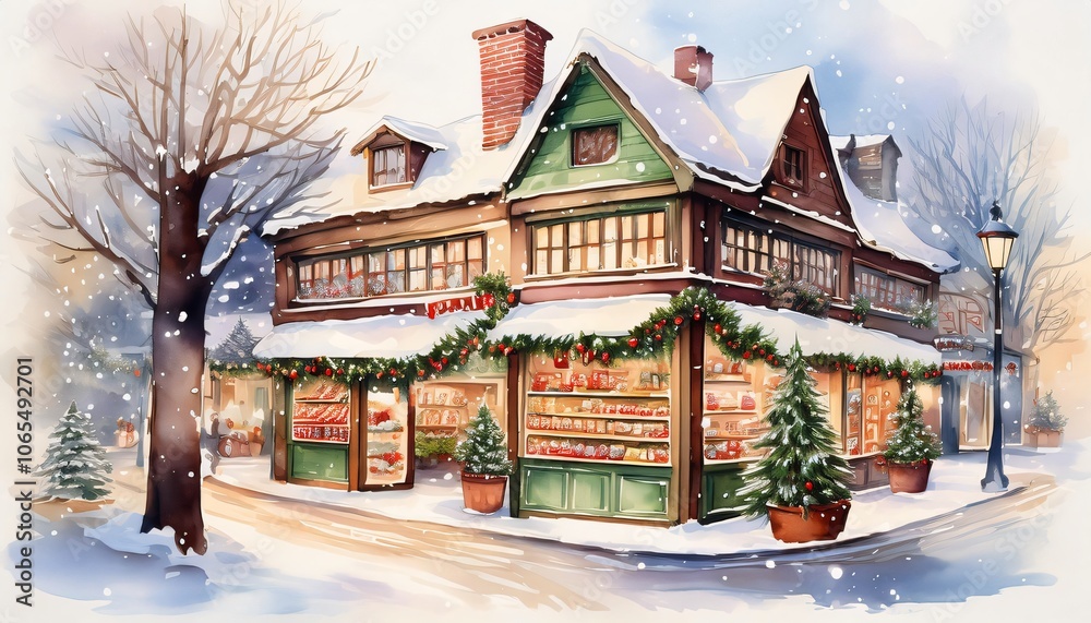 Fototapeta premium Magical christmas atmosphere at a snowy christmas store with festive lights and garlands