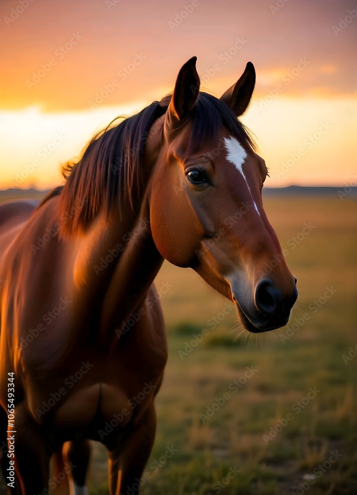 Obraz premium A vibrant sunset is illuminated by the presence of a brown horse with a dark mane standing in a grassy field