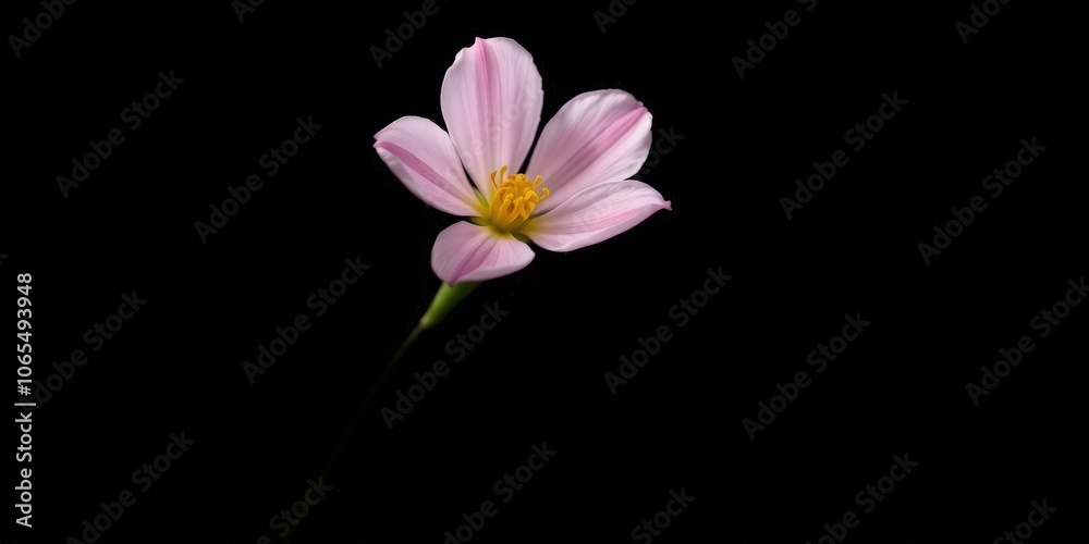 Obraz premium A single pink flower with delicate petals blooms against a stark black background, its vibrant yellow center a captivating focal point.