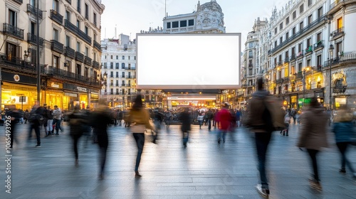 Billboard mockup in a busy Madrid square with blurred pedestrians 