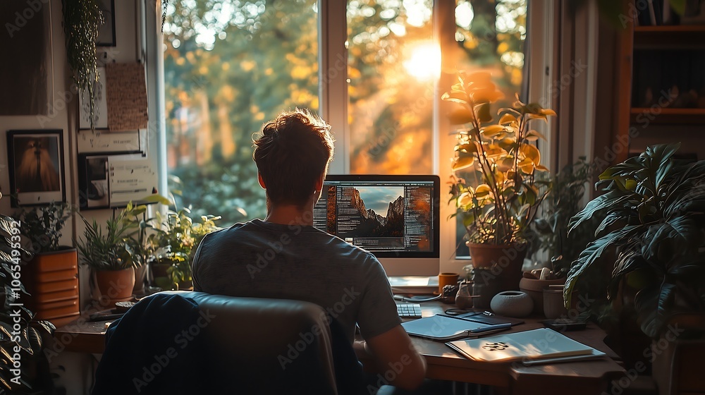 A man works from home, sitting in front of his computer in a small, warm workspace. Sunlight streams in through the window, adding a sense of calm and comfort to his work from home. A man works from home, sitting in front of his computer in a small, warm workspace. Sunlight streams in through the window, adding a sense of calm and comfort to his work from home.