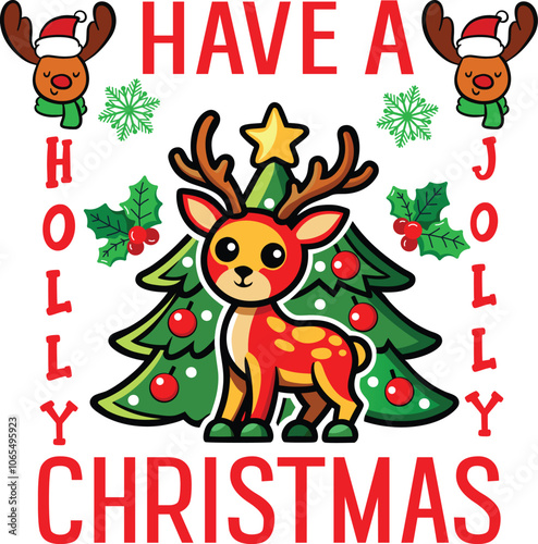 Happy Christmas typography vector illustration on  reindeer decals with Christmas tree .