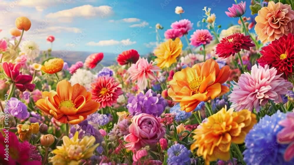 custom made wallpaper toronto digitalA vibrant field of colorful flowers under a blue sky, showcasing nature's beauty.