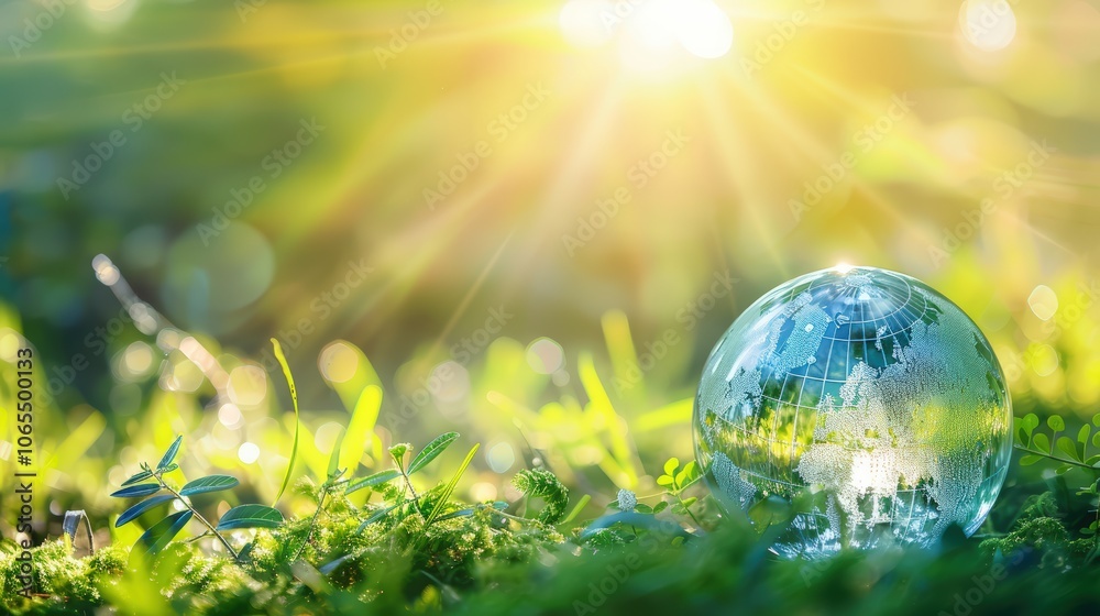 A glass globe sits on vibrant green foliage with a glowing city skyline in the background, symbolizing environmental sustainability A glass globe sits on vibrant green foliage with a glowing city skyline in the background, symbolizing environmental sustainability