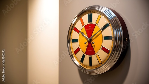 A vintage-style clock with colorful numbers and a silver frame is hanging on a white wall. photo