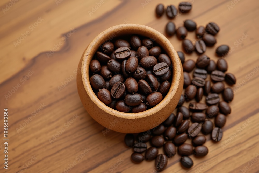 Fototapeta premium Freshly Roasted Coffee Beans in a Rustic Wooden Bowl on a Warm Brown Wooden Table - Perfect for Coffee Lovers and Home Decor