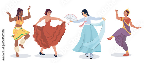 Women of different cultures dances set. Women in red, blue, yellow and violet dresses. Traditional indian clothes. Hobby and leisure. Flat vector collection