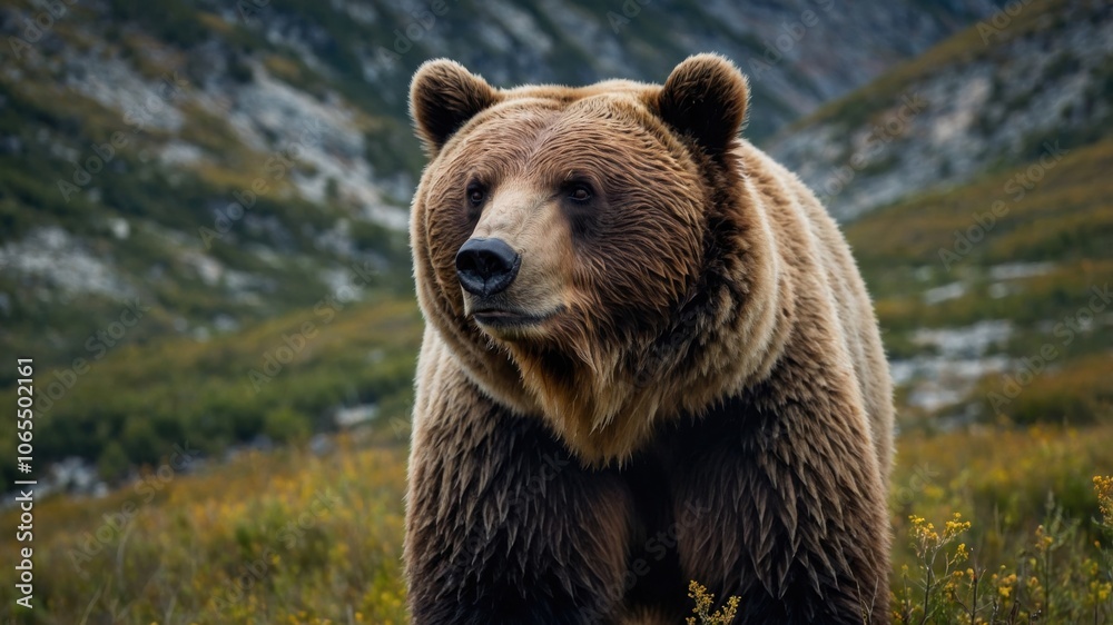 Obraz premium Grizzly bear standing in a lush mountain meadow during late afternoon in the wild, showcasing its magnificent fur and surroundings