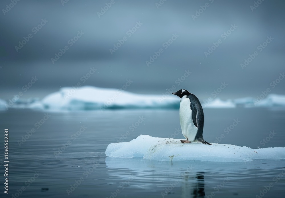 Obraz premium Emperor penguin on small ice floe in cold blue ocean under vast sky