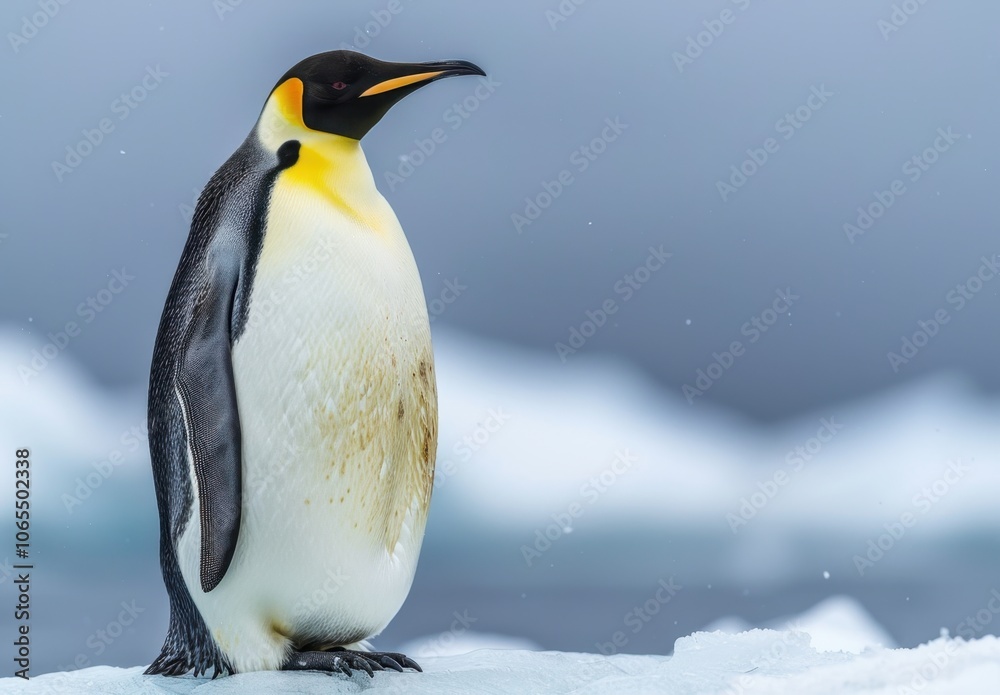 Obraz premium Emperor penguin on small ice floe in vast cold blue ocean