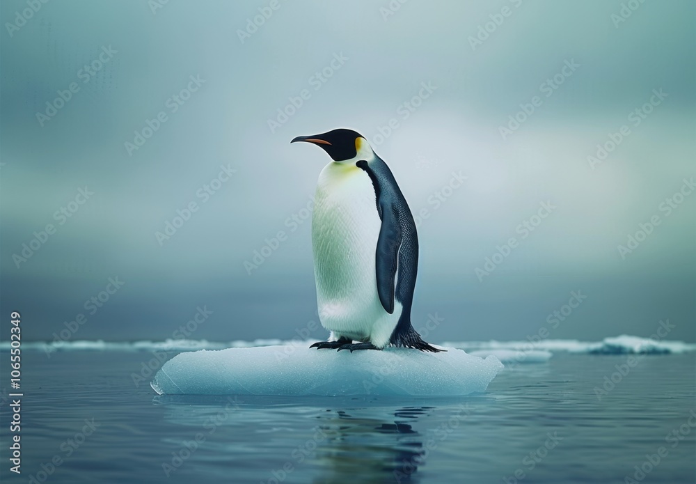 Fototapeta premium Emperor penguin perched on small ice floe in icy blue ocean