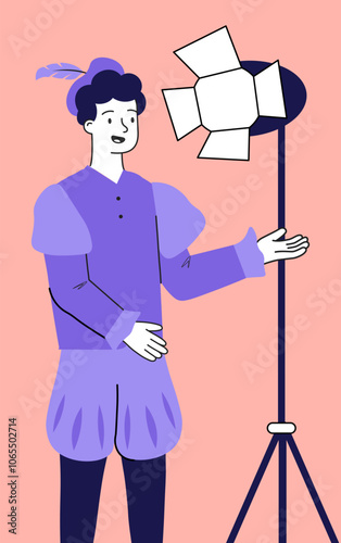 Man with hobby. Young guy performing in theater in medieval costume. Hobby and leisure. Actor performing at scene. Talented person. Linear vector illustration