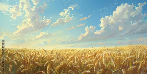 Endless golden wheat field with green leaves and blue sky above photo