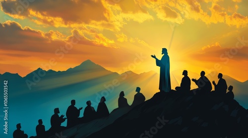 Silhouette of jesus delivering a sermon on the mount, inspiring biblical gospel teachings