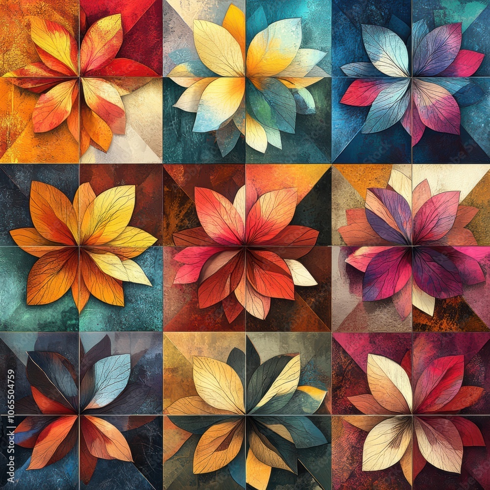 Elegant arrangement of colorful floral tiles with a 3D layering effect, each tile detailed in high
