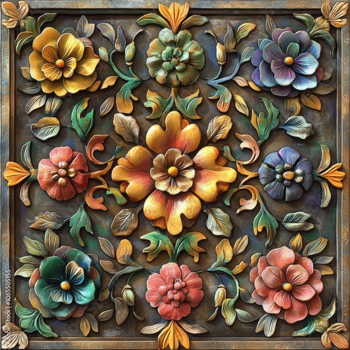 Elegant arrangement of colorful floral tiles with a 3D layering effect, each tile detailed in high
