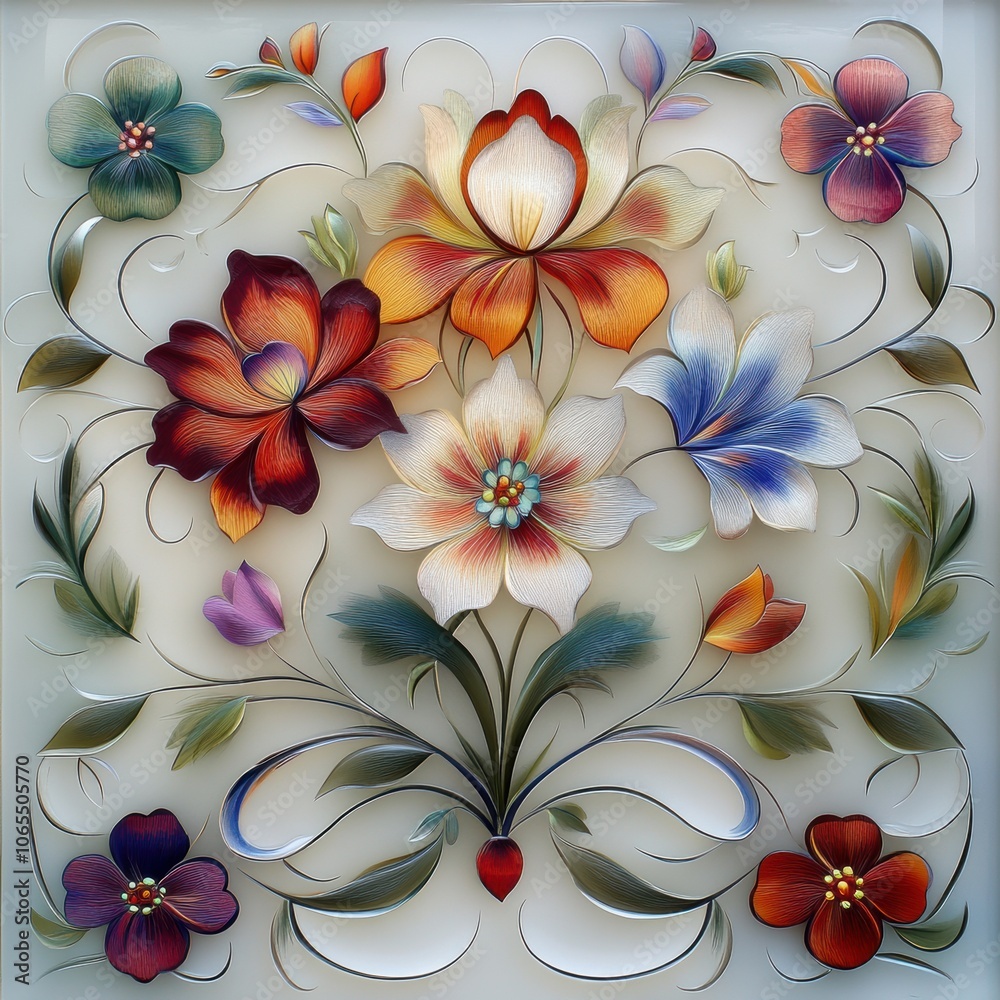 Fototapeta premium Clear glass with colorful floral patterns, using dimensional effects for an eye-catching look,