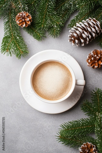 Coffee cup with pine branch, cones, cozy winter setting.