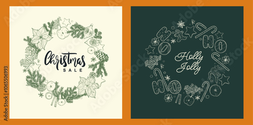 Set of two square visuals for social media with Christmas theme. Christmas crown made of Christmas elements with beautiful text in the middle. They include poinsettia, pine branch, candy cane, etc.