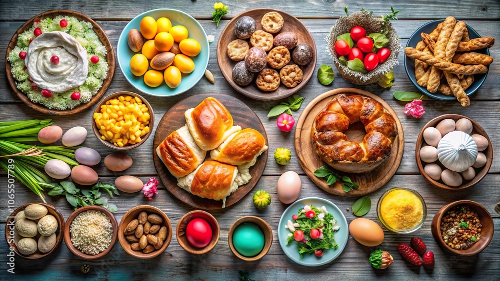 A colorful array of Easter foods with eggs, baked goods, and seasonal veggies on a rustic wooden table A colorful array of Easter foods with eggs, baked goods, and seasonal veggies on a rustic wooden table