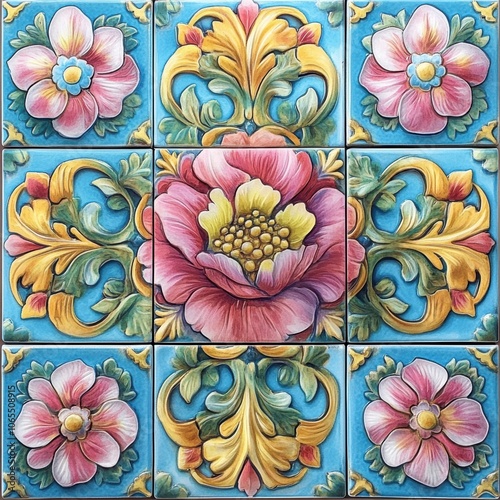 Ornate, brightly colored floral tiles, each with a 3D layering effect, detailed textures and sharp