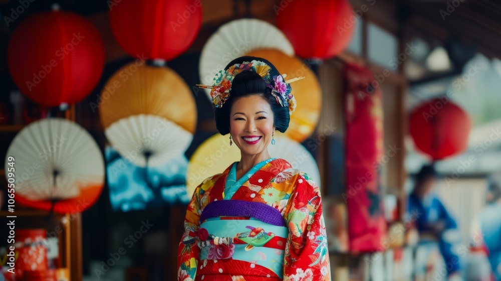 Woman wearing a kimono and a flower headband Woman wearing a kimono and a flower headband