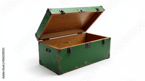 Green ammo box, ammunition wooden box, shown open with rugged metal latches, ideal for product branding photo