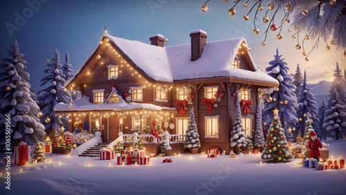 the facade of the house is decorated for the Christmas holidays