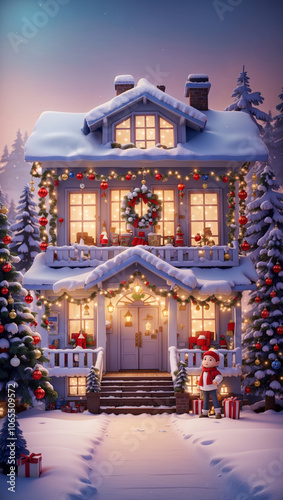 the facade of the house is decorated for the Christmas holidays