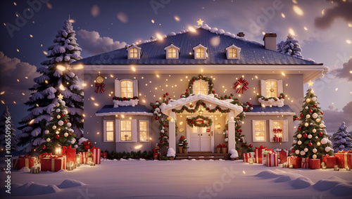 the facade of the house is decorated for the Christmas holidays