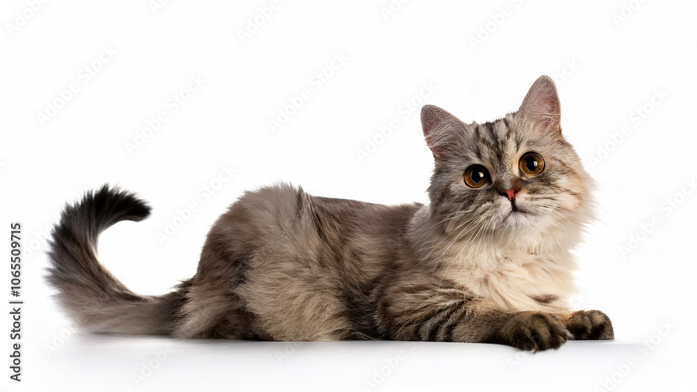 Obraz premium Beautiful domestic young cat lies on white background.