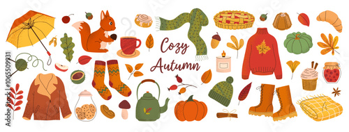Set autumn items, pastry, leaves with noise textures and typography. Hand drawn element for cozy design poster, card, pattern, stickers, scrapbooking, background. Flat vector illustration.