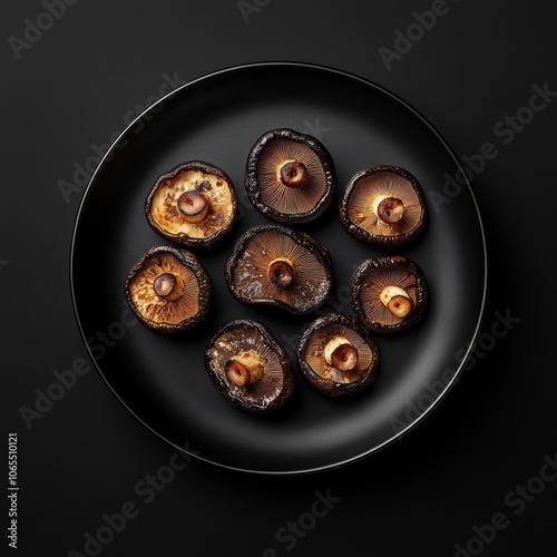 Shiitake mushrooms delicately arranged on a black plate, their caramelized edges adding