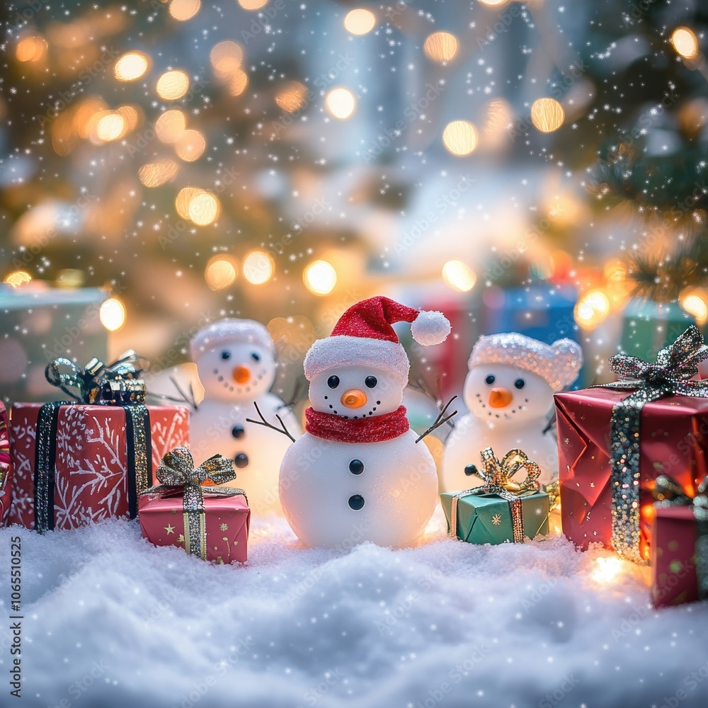 Snowmen standing in a snow-covered forest, surrounded by colorful wrapped gifts
