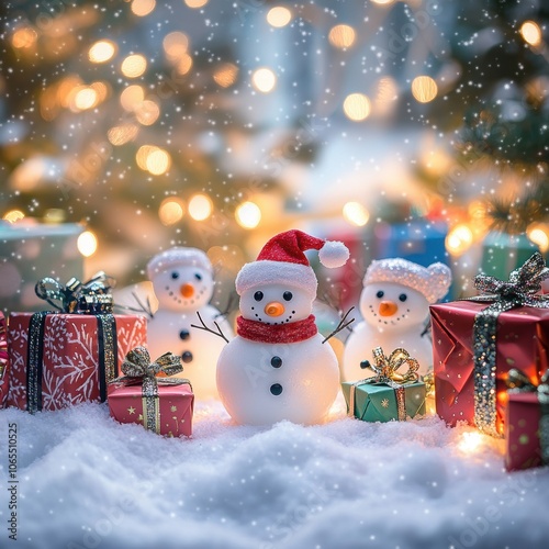 Obraz na płótnie Snowmen standing in a snow-covered forest, surrounded by colorful wrapped gifts w salonie
