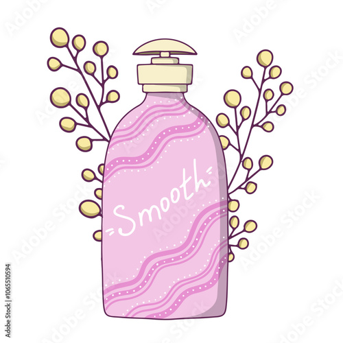 Bottles, Conditioner, shampoos, gels and creams for care. The concept of natural and organic cosmetics for hair and body care. Vector flat illustration in cartoon style.