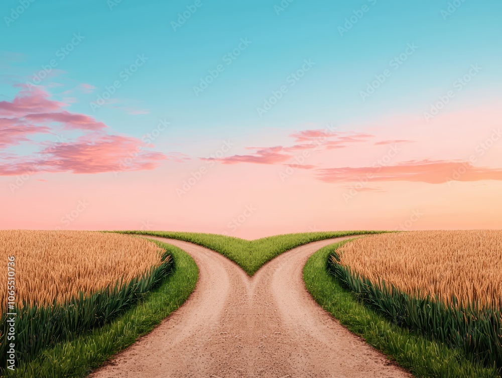 Fototapeta premium Heart-Shaped Road Under a Colorful Sky