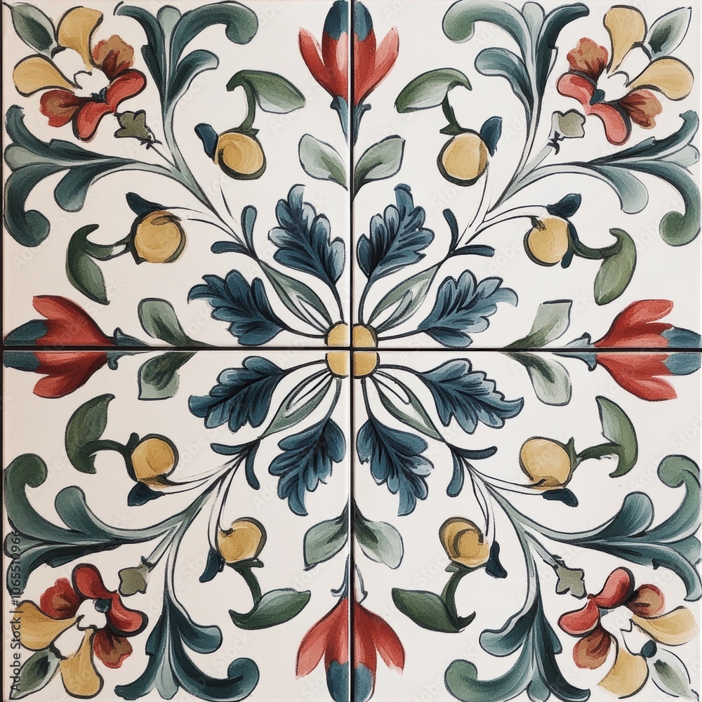 Tiles with bold floral designs in a symmetrical layout, sharp details and vibrant colors
