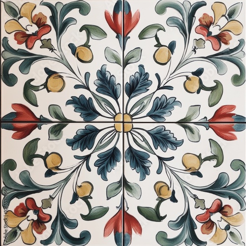 Obraz na płótnie Tiles with bold floral designs in a symmetrical layout, sharp details and vibrant colors w salonie