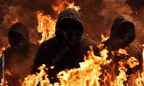 A violent riot or street fight of criminal gangs or extremists, faces in shadows, black clothes and hoods, fire and flames in the background, looting