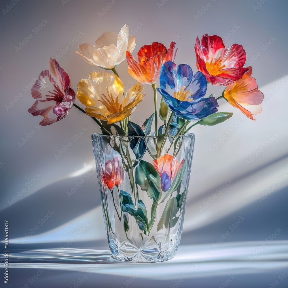 Transparent glass with colorful flowers, using shadow effects for depth, creating a realistic
