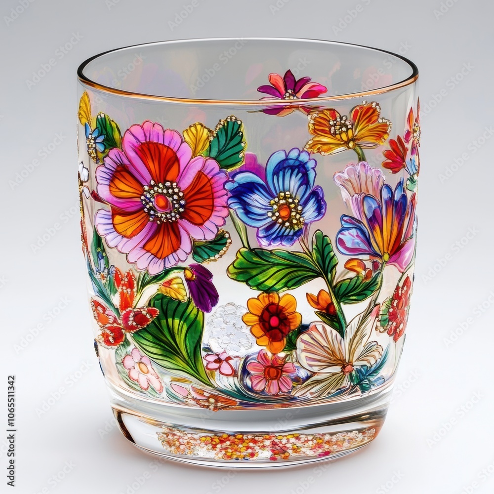 Transparent drinking glass adorned with bright floral motifs, showcasing dimensional layering
