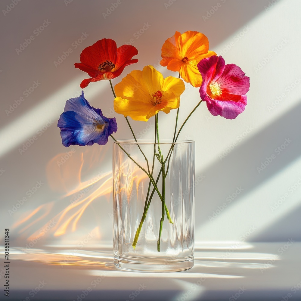 Transparent glass with colorful flowers, using shadow effects for depth, creating a realistic
