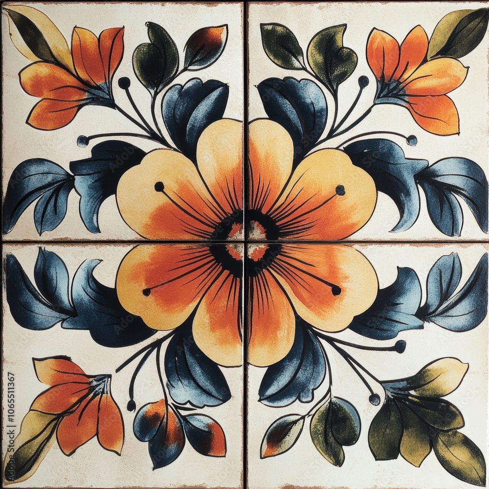 Tiles with bold floral designs in a symmetrical layout, sharp details and vibrant colors