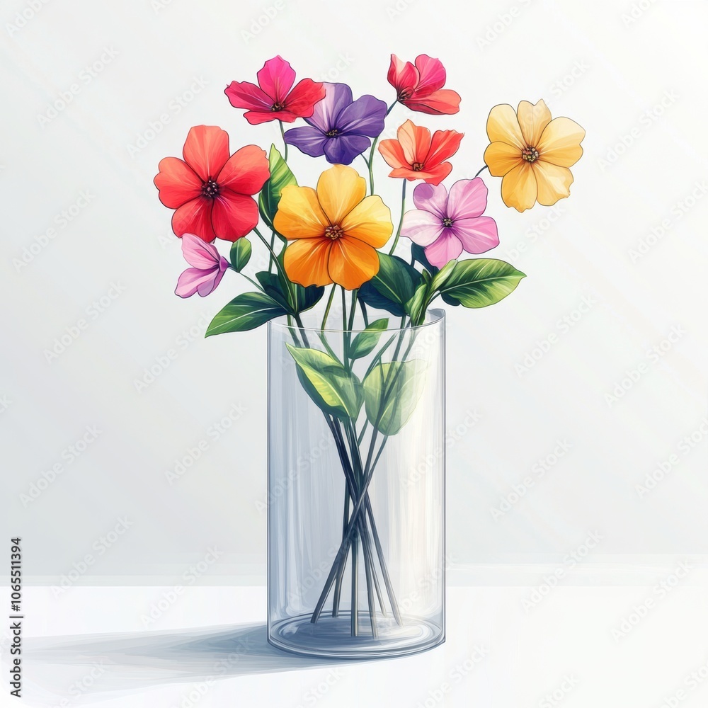 Transparent glass with colorful flowers, using shadow effects for depth, creating a realistic