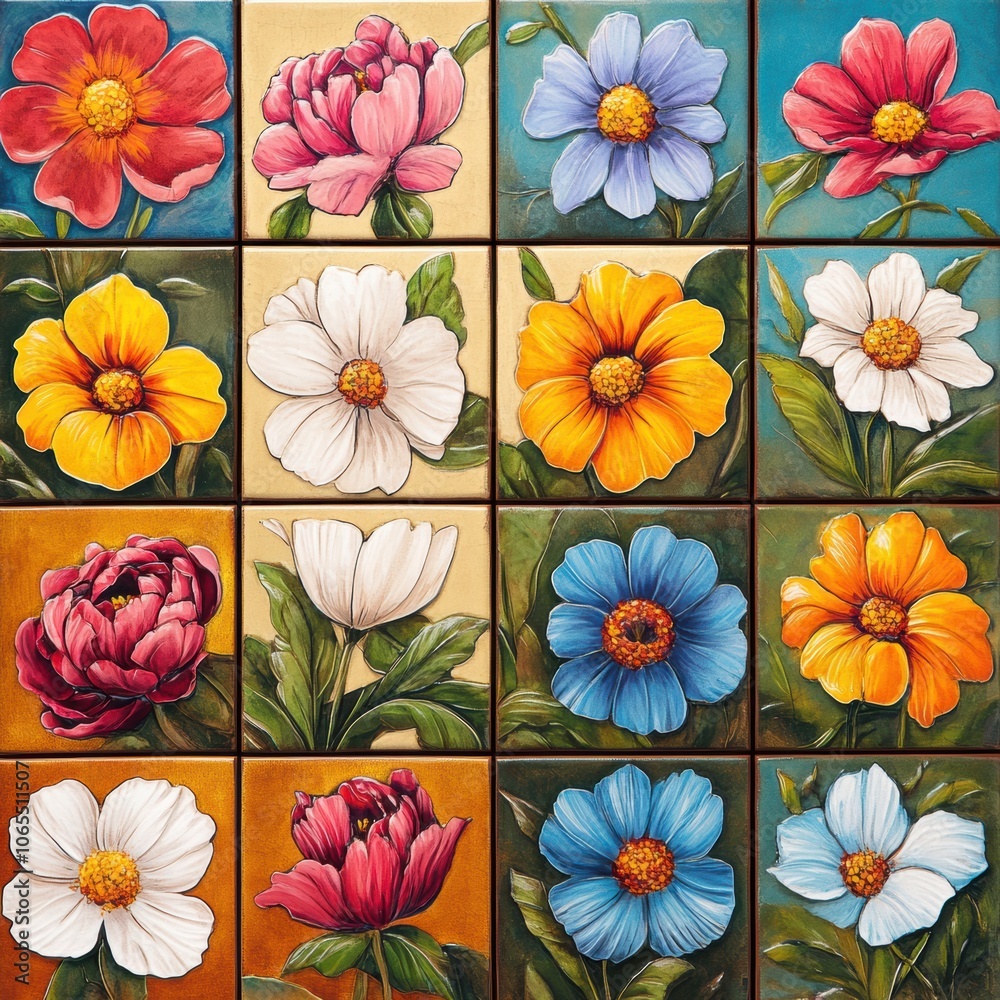 Vibrant flower designs on tiles with shadowed edges for depth, each tile in high resolution with